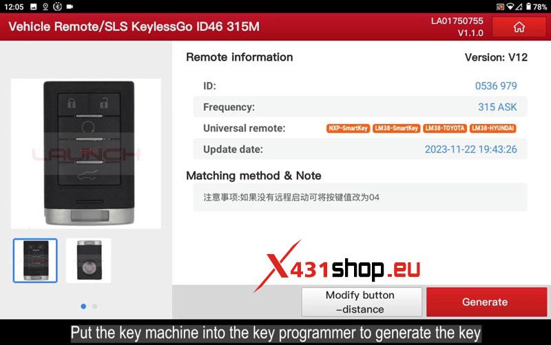 Launch X431 Key Programmer + IMMO PLUS Add Cadillac SLS Key