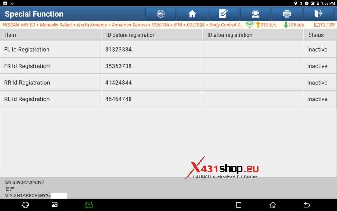 LAUNCH X431 PAD Register Nissan Sentra B18 Tire Pressure ID (10)