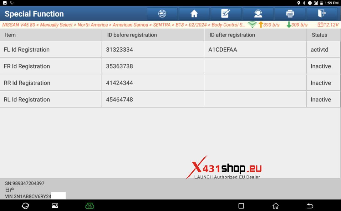 LAUNCH X431 PAD Register Nissan Sentra B18 Tire Pressure ID (11)