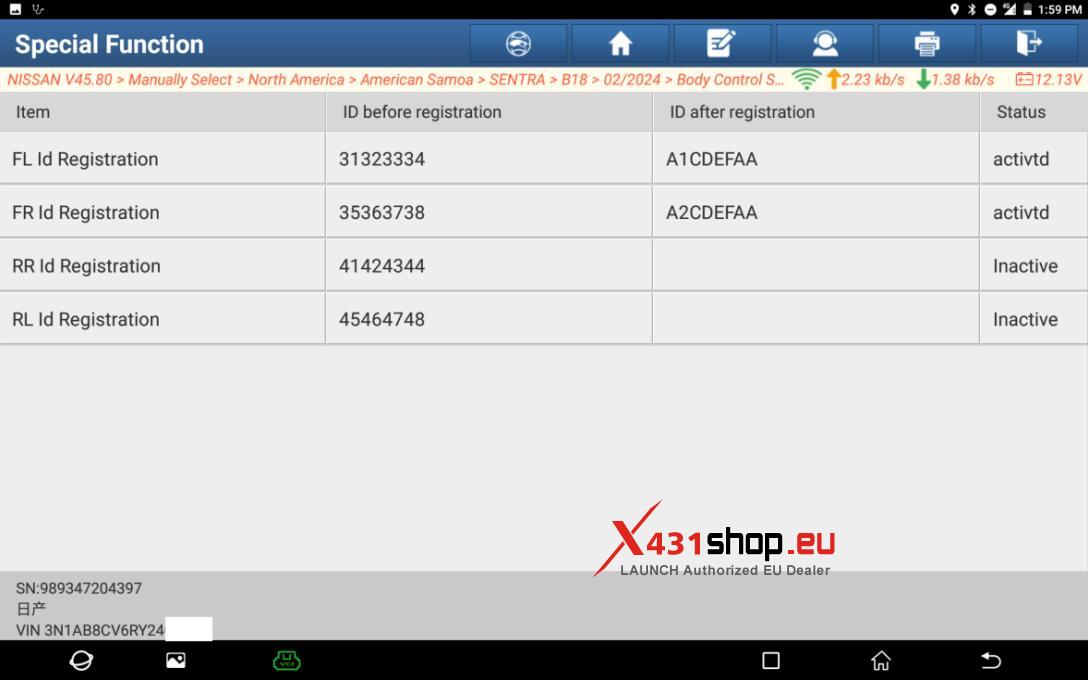 LAUNCH X431 PAD Register Nissan Sentra B18 Tire Pressure ID (12)