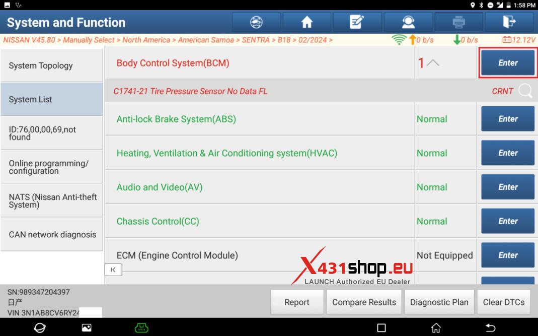 LAUNCH X431 PAD Register Nissan Sentra B18 Tire Pressure ID (4)