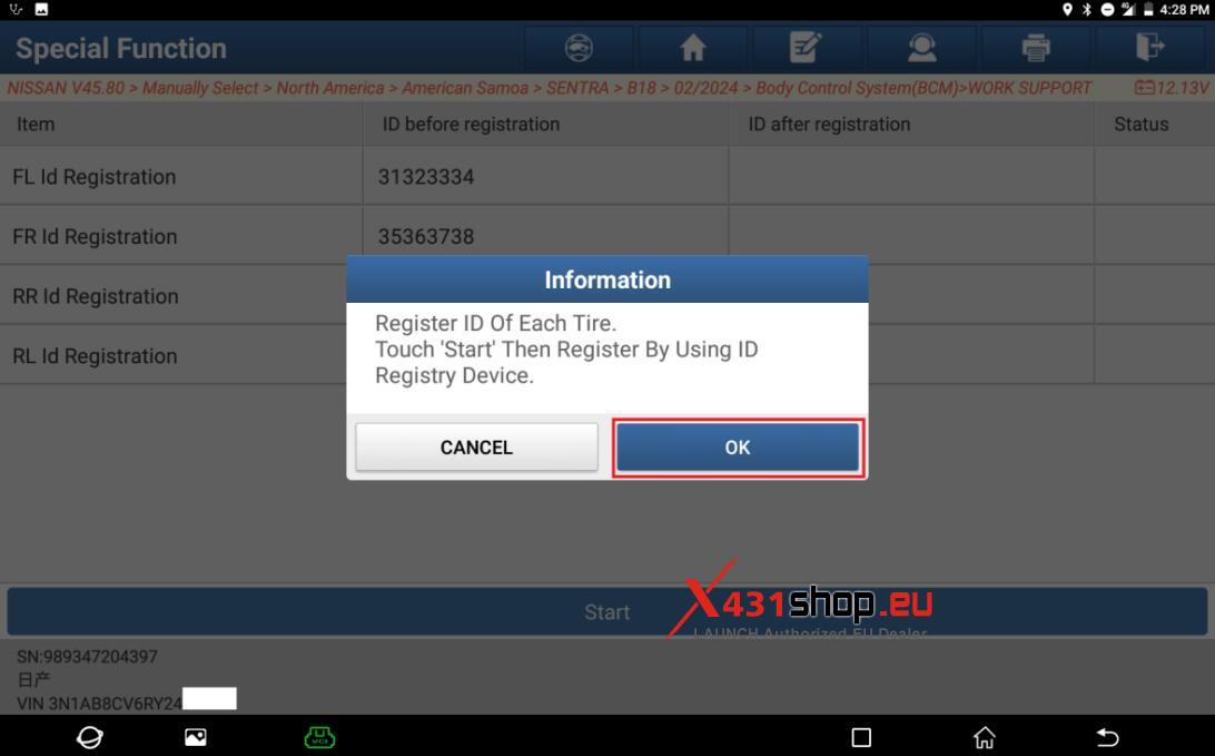 LAUNCH X431 PAD Register Nissan Sentra B18 Tire Pressure ID (9)