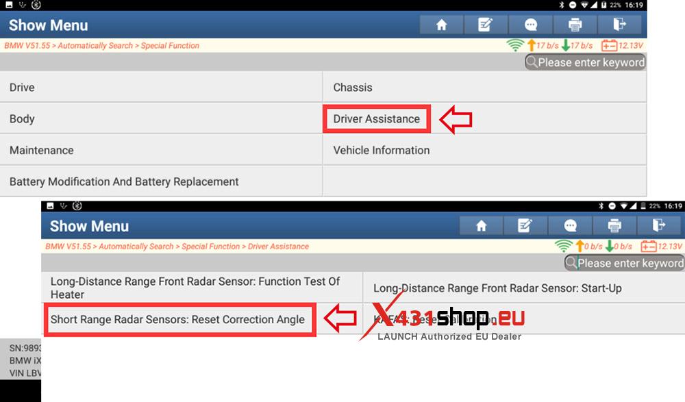 LAUNCH X431 Reset BMW ix3 Short range Radar Sensor Correction Angle (4)