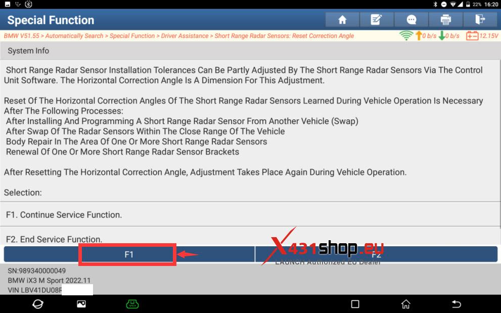 LAUNCH X431 Reset BMW ix3 Short range Radar Sensor Correction Angle (5)