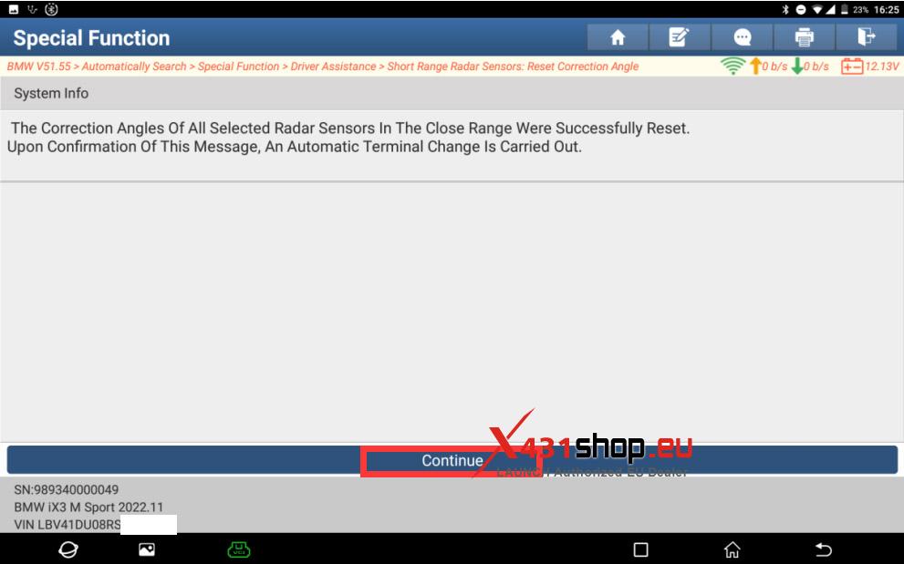 LAUNCH X431 Reset BMW ix3 Short range Radar Sensor Correction Angle (8)
