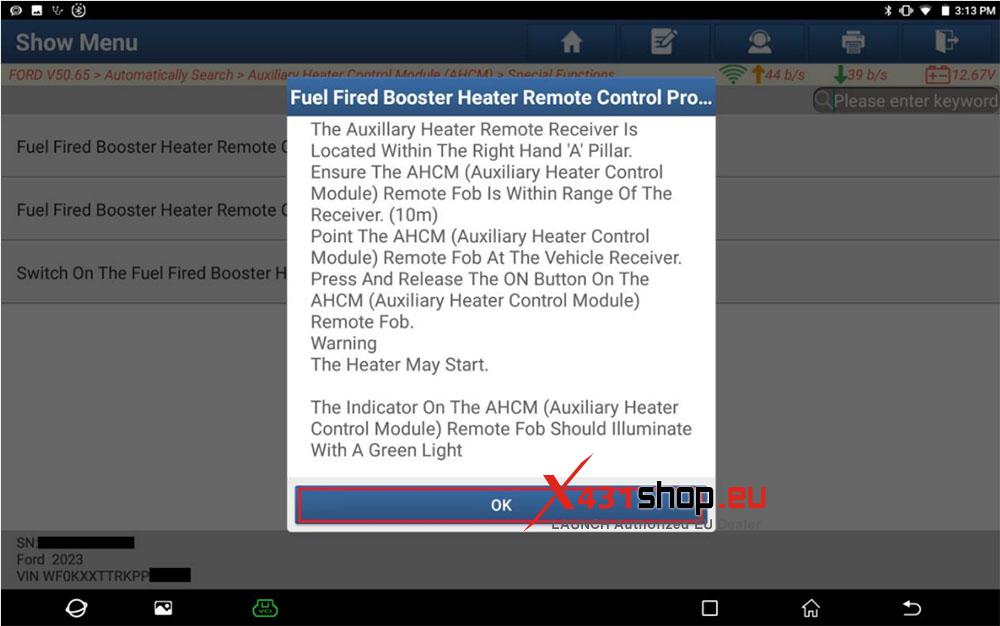 LAUNCH X431 PAD V Programming Ford Fuel Fired Booster Heater (9)
