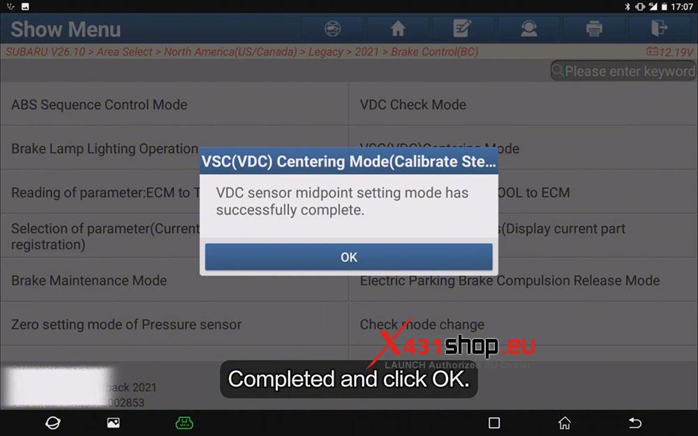 LAUNCH X431 PAD VDC Sensor Reset on 2021 SUBARU LEGACY (6)