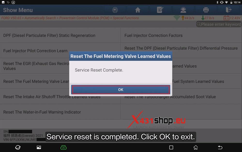 LAUNCH X431 PAD9 Reset Fuel Metering Valve Learned Values on 2021 Ford Everest (7)