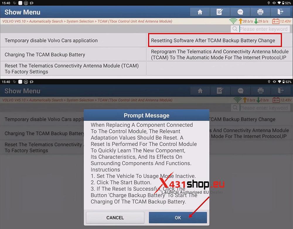 LAUNCH X431 PAD Reset VOLVO XC40 Software After TCAM Backup Battery Change (6)