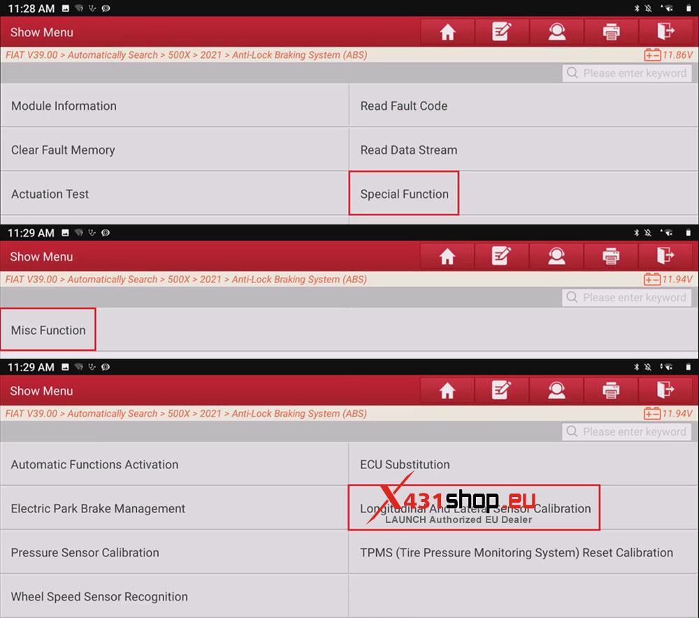 LAUNCH X431 Calibrate Longitudinal and Lateral Sensor on FIAT 500X (6)